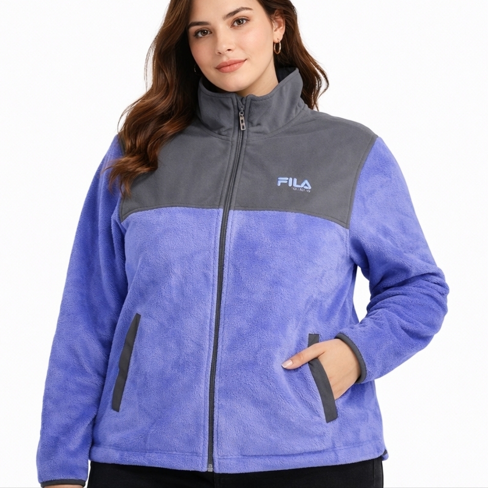 FILA Women's periwinkle Blue Gray Teddy Jacket Large zip up L
